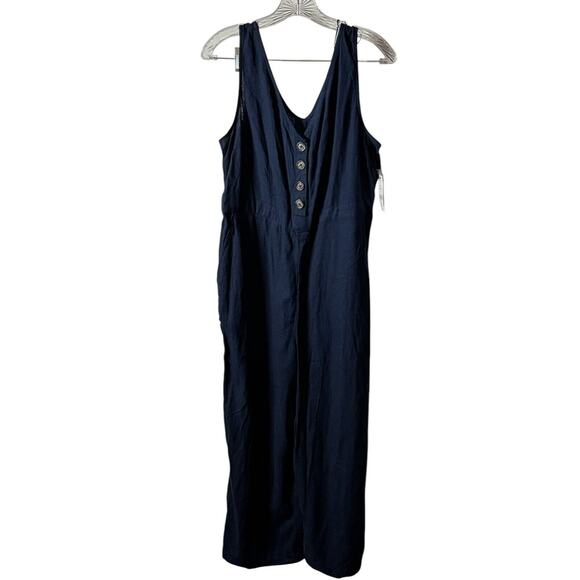 Time And Tru Navy Blue Linen Jumpsuit Romper M (8 - 10) Button Up No Belt NWT - Picture 3 of 12